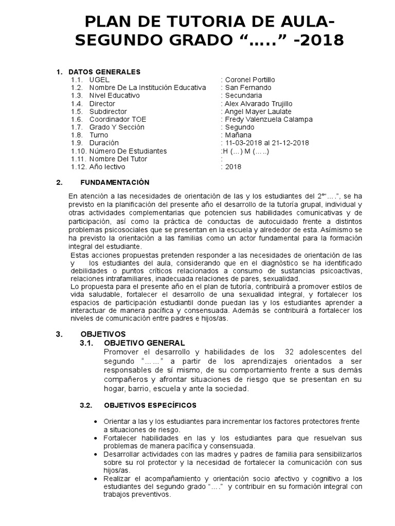 Plan de Tutoría Segundo Grado Secundaria | PDF | Salón de clases | Maestros