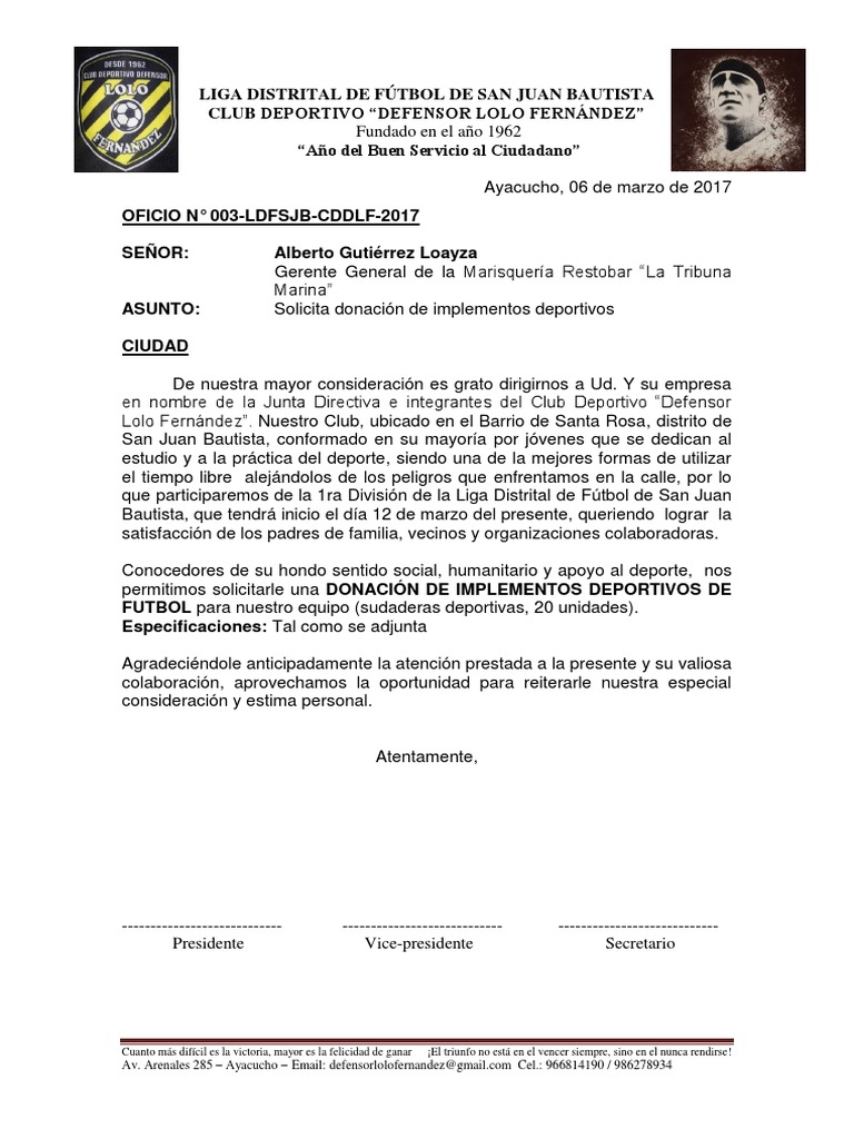 Modelo Oficio Donacion Deportes Agitación