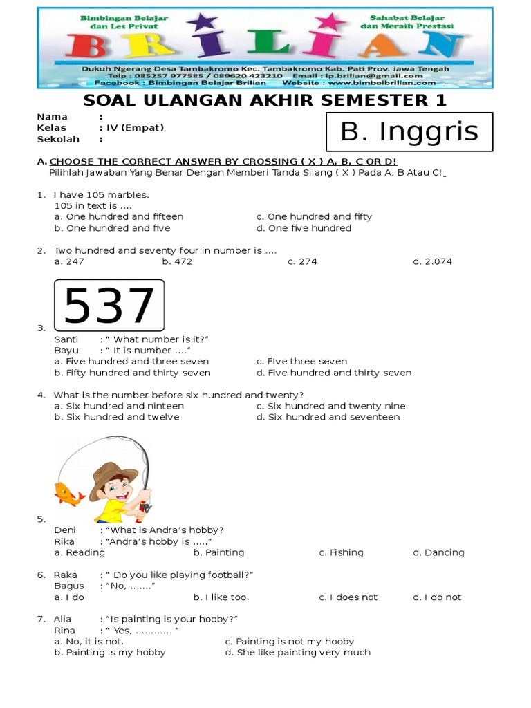 Soal UAS Bahasa Inggris Kelas 4 SD Semester 1 (Ganjil) Dan