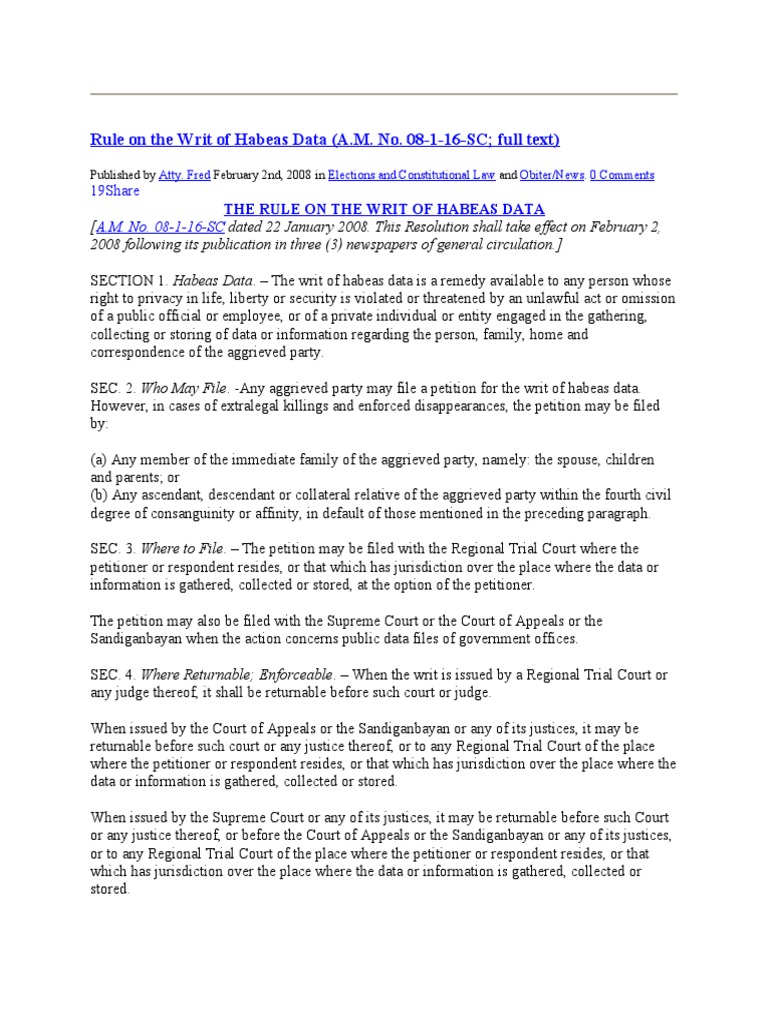 Rule on the writ of habeas data pdf habeas corpus courts
