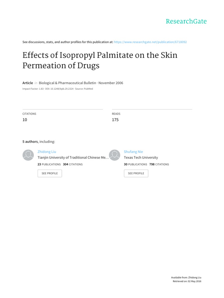 Effects Of Isopropyl Palmitate On The Skin Permeation Of Drugs Pharmaceutical Drug Pharmacology