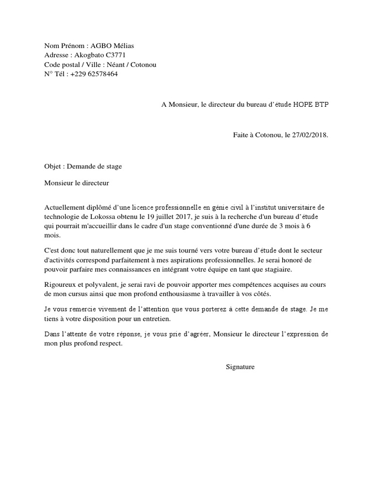 Demande de Stage Un Modele de Lettre de Motivation PDF