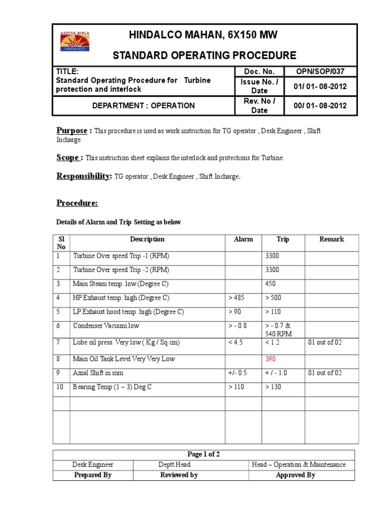 Turbine Protection SOP for Hindalco | PDF | Vehicle Technology | Power ...