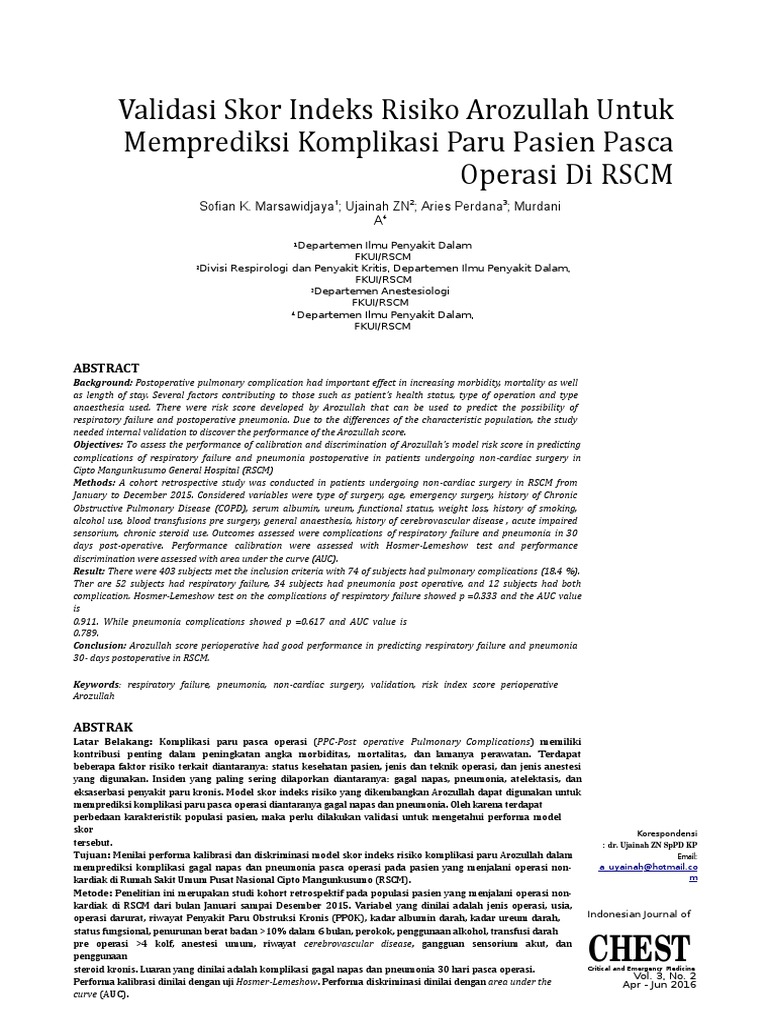 Arozullah Score Validation for Postop Risks | PDF