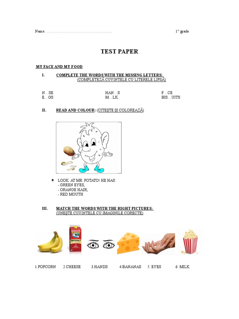 1st Grade Test: My Face & Food Activities | PDF