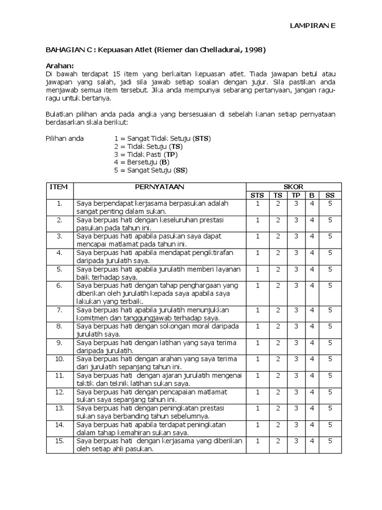 Borang Soal Selidik Kepuasan Atlet Pdf