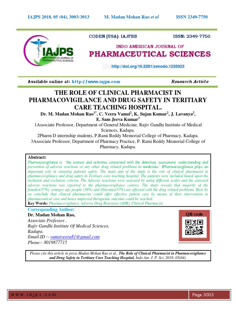THE ROLE OF CLINICAL PHARMACIST IN PHARMACOVIGILANCE AND DRUG SAFETY IN 