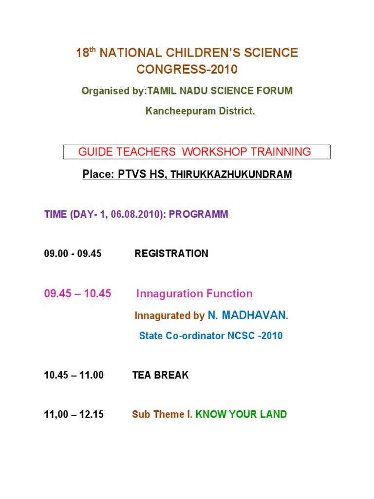 18 National Children'S Science CONGRESS-2010: Guide Teachers Workshop ...