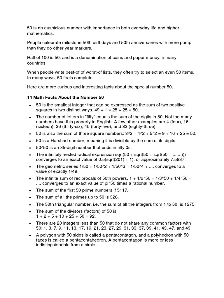 Fascinating Facts About the Number 50 | PDF | Summation | Square Root
