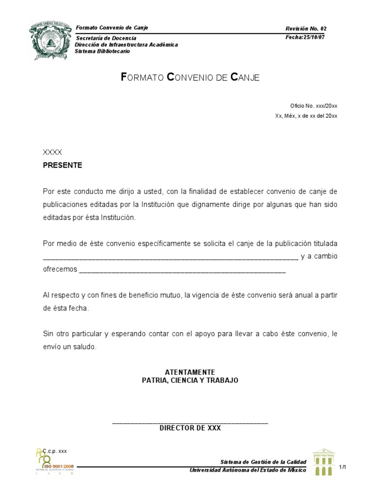 Modelo contrato de canje