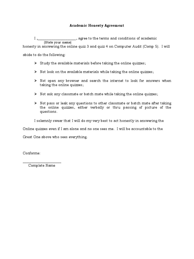 Academic Honesty Agreement: (State Your Name) | PDF | Career & Growth ...