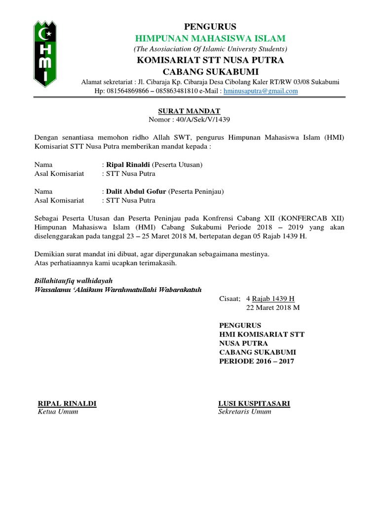 Surat Mandat Hmi Komisariat Stt Nusa Putra