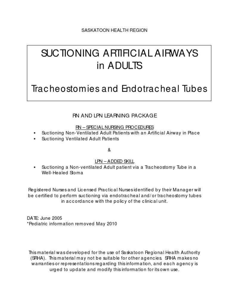 Suctioning Protocols for Artificial Airways | PDF | Respiratory Tract ...