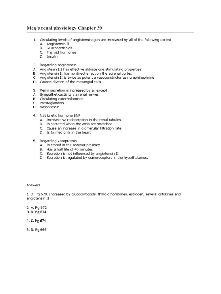 Renal Physiology Mcqs PDF