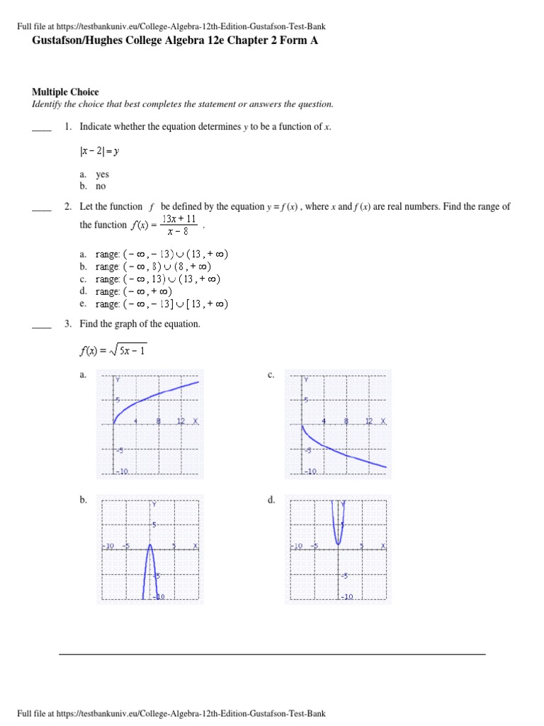 College algebra 12th edition gustafson test bank download free pdf