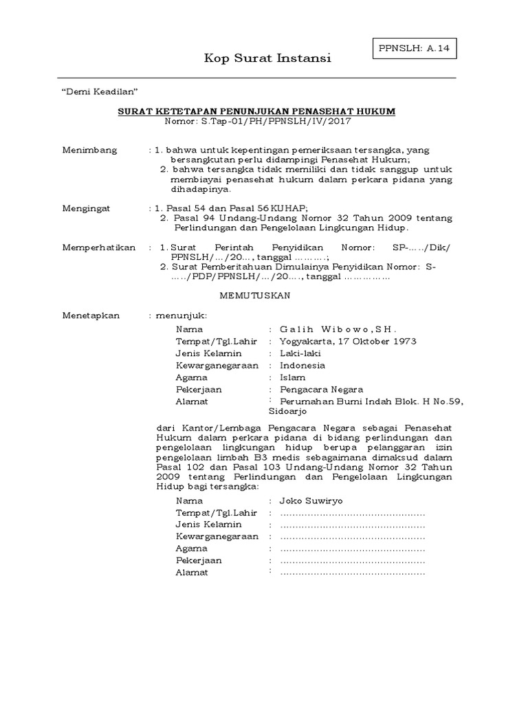 Surat Ketetapan Penujukkan Penasehat Hukum