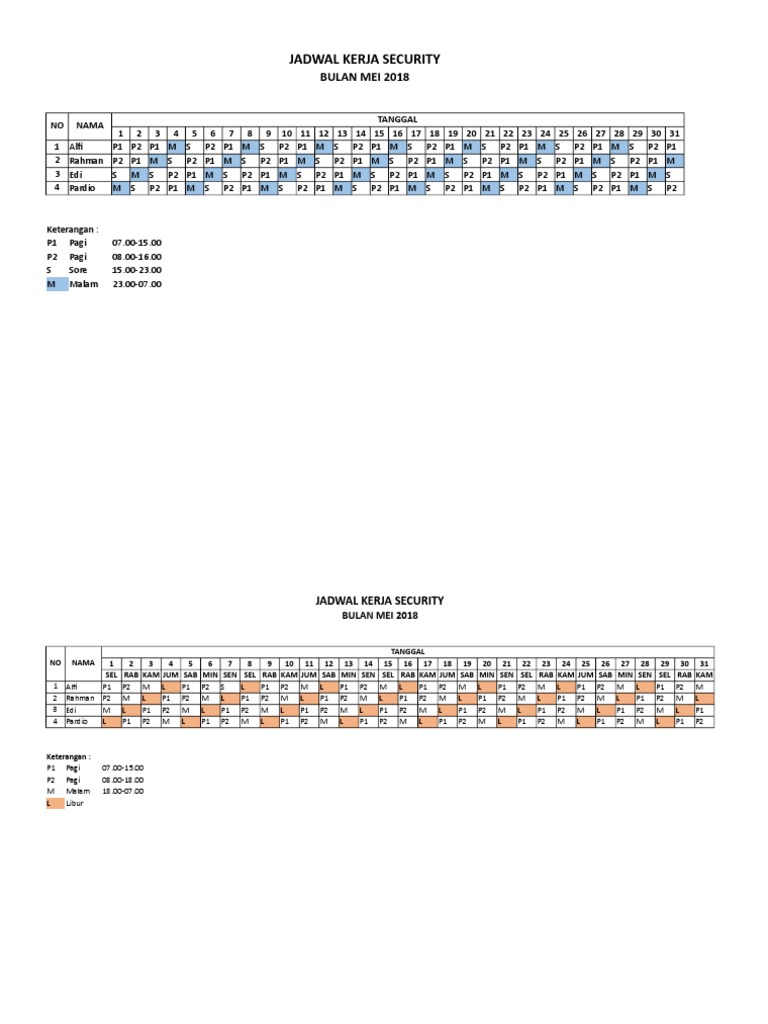 Jadwal Kerja Security Mei 2018 | PDF