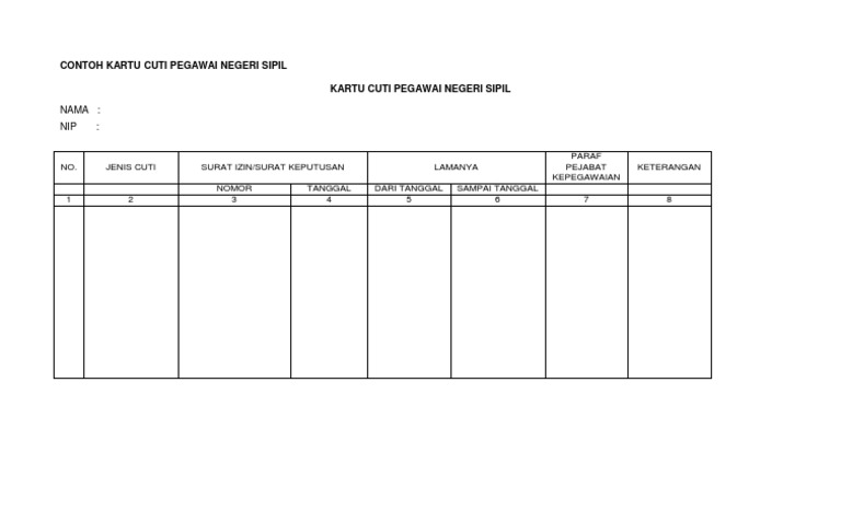 Contoh Kartu Cuti Pegawai Negeri Sipil