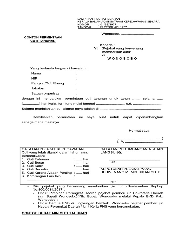 Format Permohonan Dan Ijin Cuti Tahunan Pns Pdf
