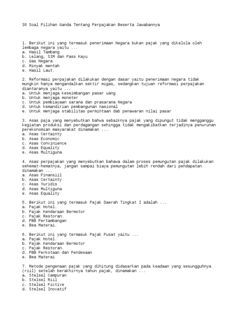 30 Soal Pilihan Ganda Tentang Perpajakan Beserta Jawabannya