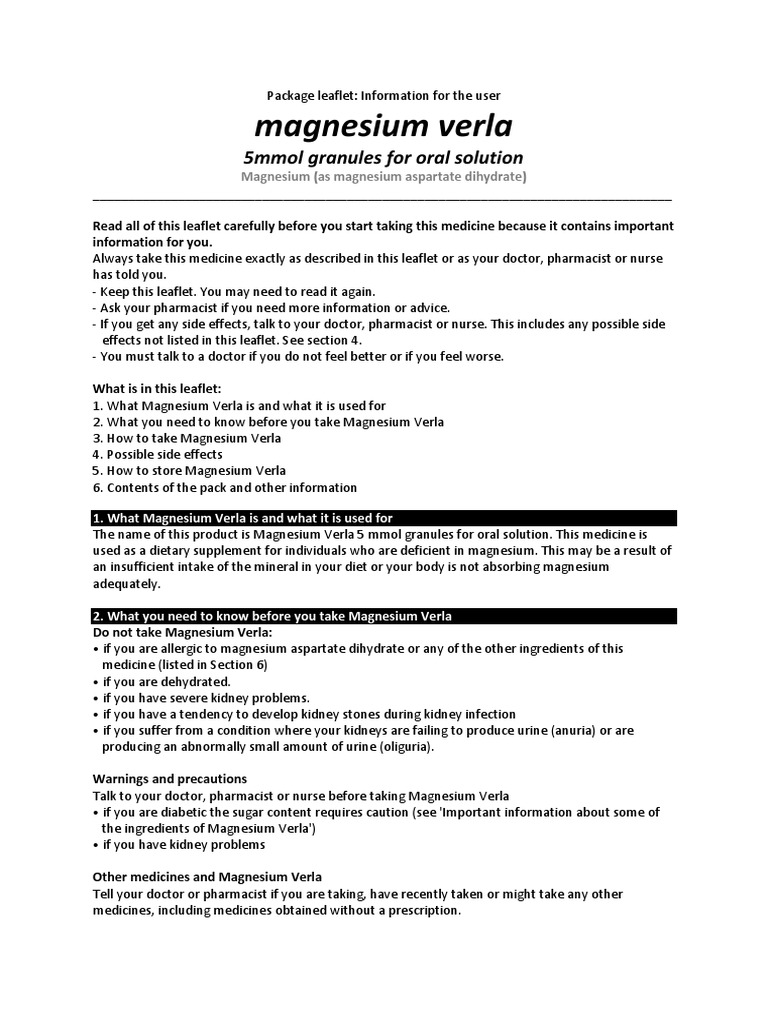 Magnesium Verla Product Leaflet PDF Magnesium Diarrhea