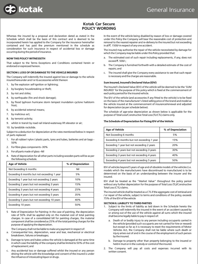 Kotak Pvtcar Policy Wording PDF Indemnity Insurance