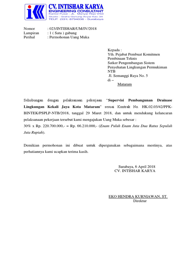 Contoh Surat Permohonan Uang Muka Spv