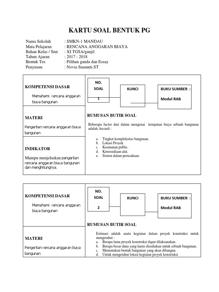 Kartu Soal Bentuk Pg Rab
