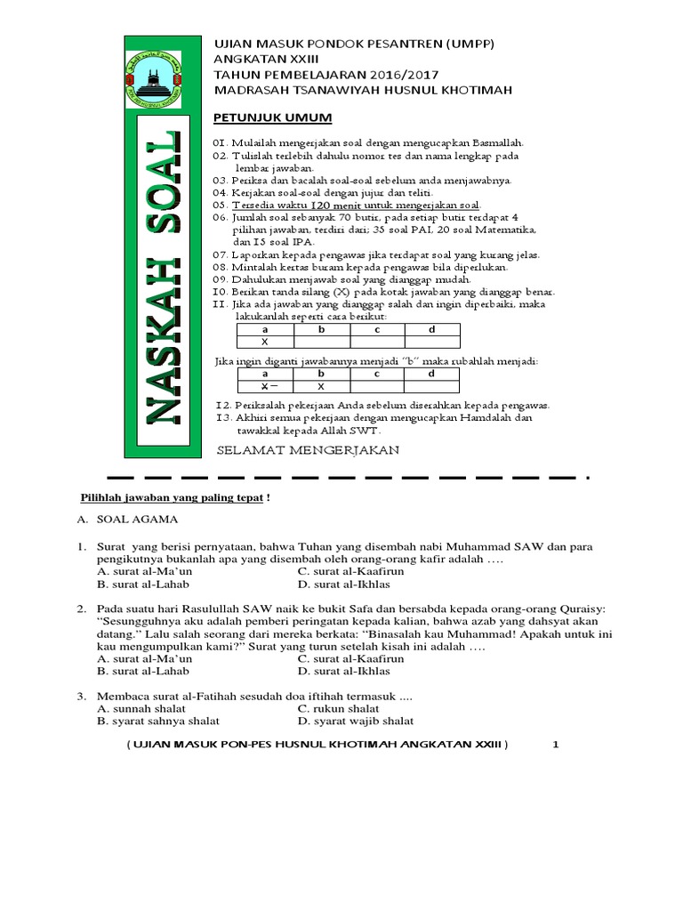 Kumpulan Soal Tes Masuk Mtsn Dalam