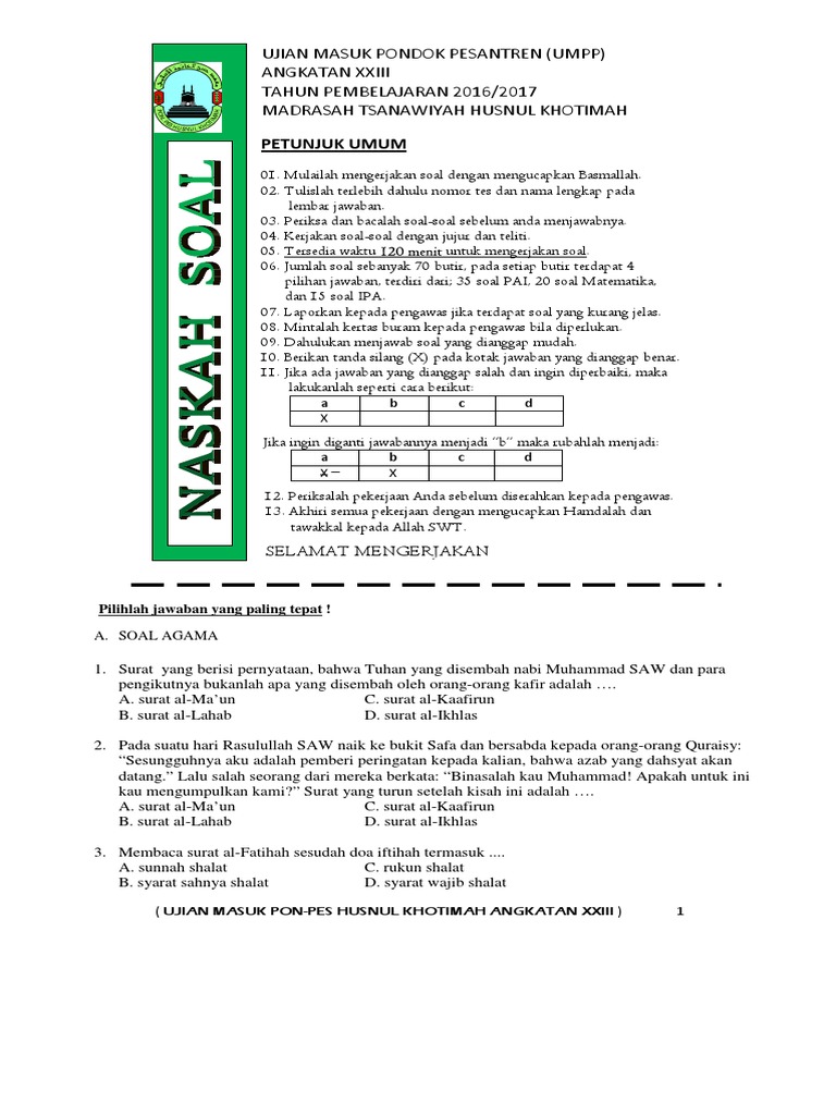 Latihan Soal Tes Masuk Pondok Ma