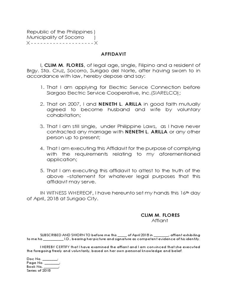 SAMPLE AFFIDAVIT FOR ELECTRIC COMPANY
