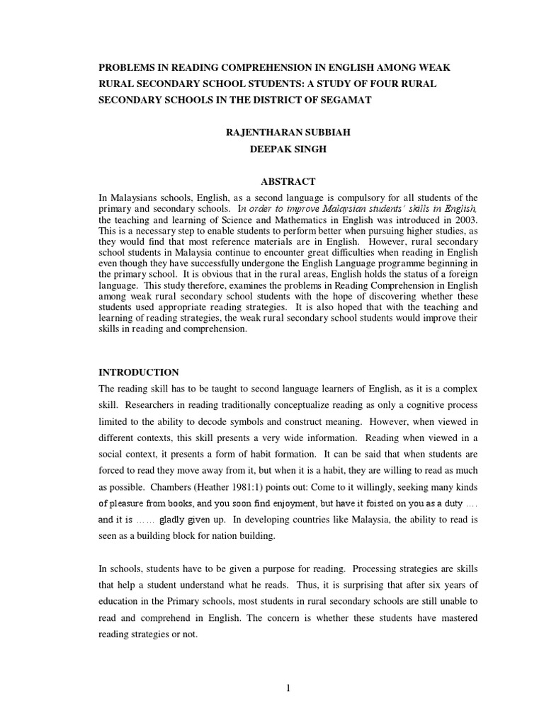 Reading Challenges for Rural Students | PDF | Reading Comprehension ...