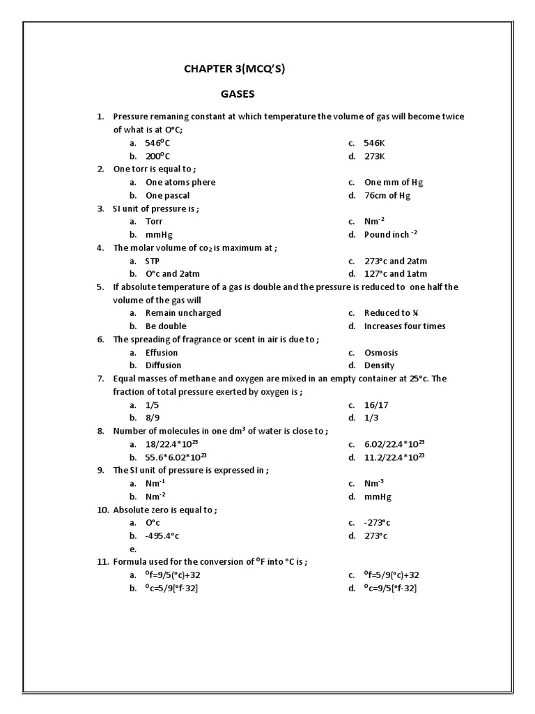 Chapter 3 (MCQ'S) Gases | PDF | Gases | Transparent Materials