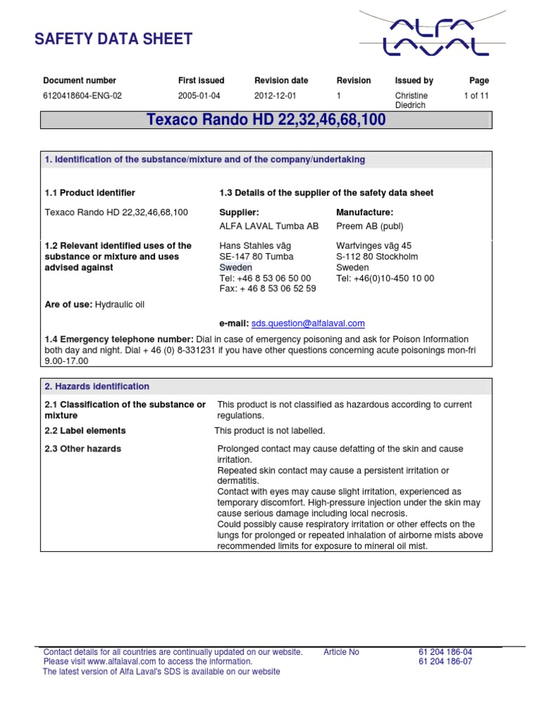 Texaco Rando HD Safety Data Sheet | PDF | Dangerous Goods | Combustion