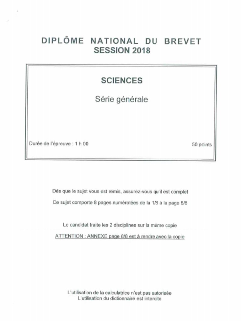 Sujet Brevet Sciences 2022 Pdf Corrigé DNB 2018 Pondichery Sujet Sciences | PDF