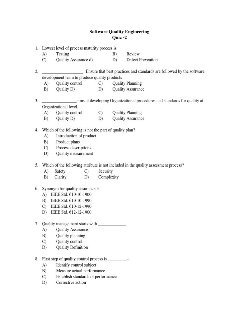 Software Quality Engineering Quiz 2 | PDF