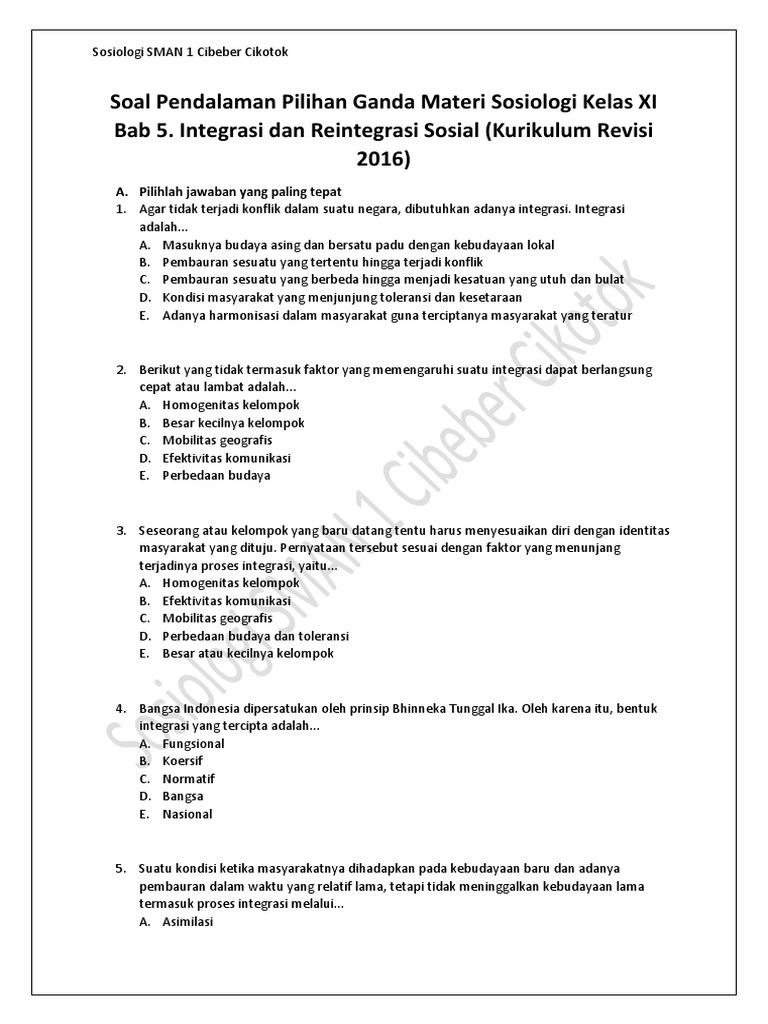 Soal Pendalaman Pilihan Ganda Materi Sosiologi Kelas Xi Bab 5 Integrasi Dan Reintegrasi Sosial Kurikulum Revisi 2016 1