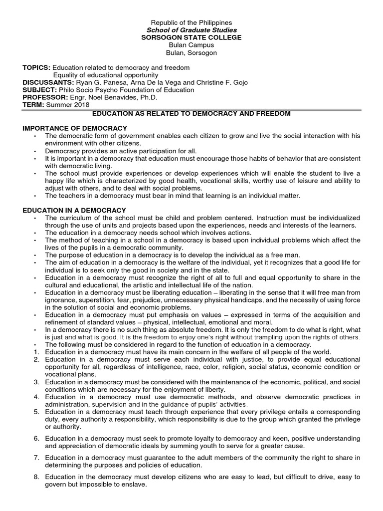 Education As Related To Democracy and Freedom and Equality of Educational Opportunity PDF