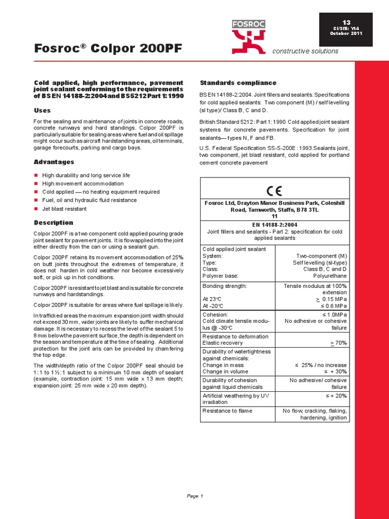 Fosroc Colpor 200 PF 1011 PDF | PDF | Road Surface | Concrete