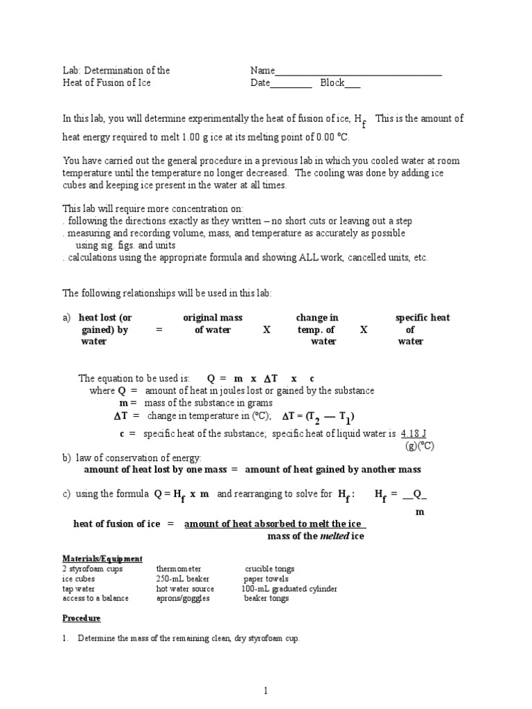 Unit 02 LAB Heat of Fusion of Ice PDF Heat Heat Capacity