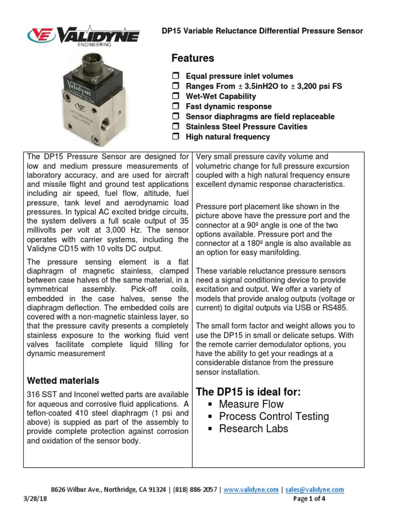 Dp15 Variable Reluctance Pressure Sensor Capable of Range Changes