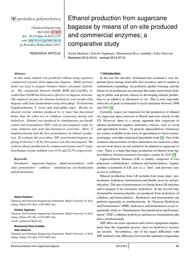 Ethanol Production from Sugarcane Bagasse | PDF | Hydrolysis | Biomass