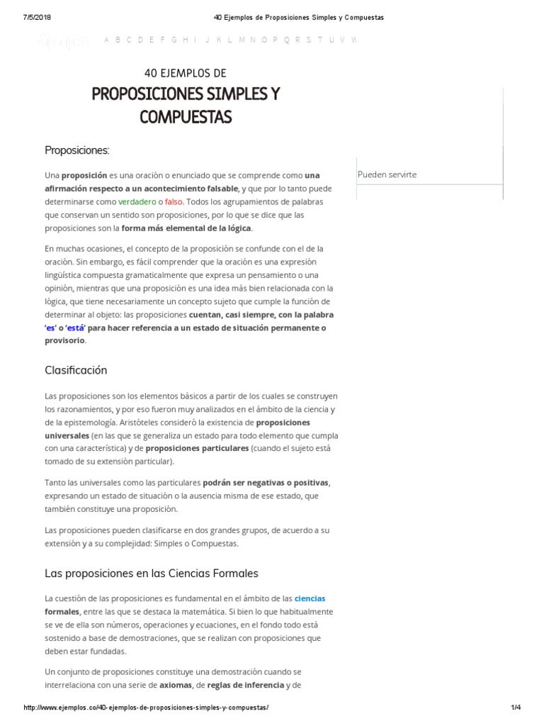 40 Ejemplos de Proposiciones Simples y Compuestas | PDF | Proposición ...