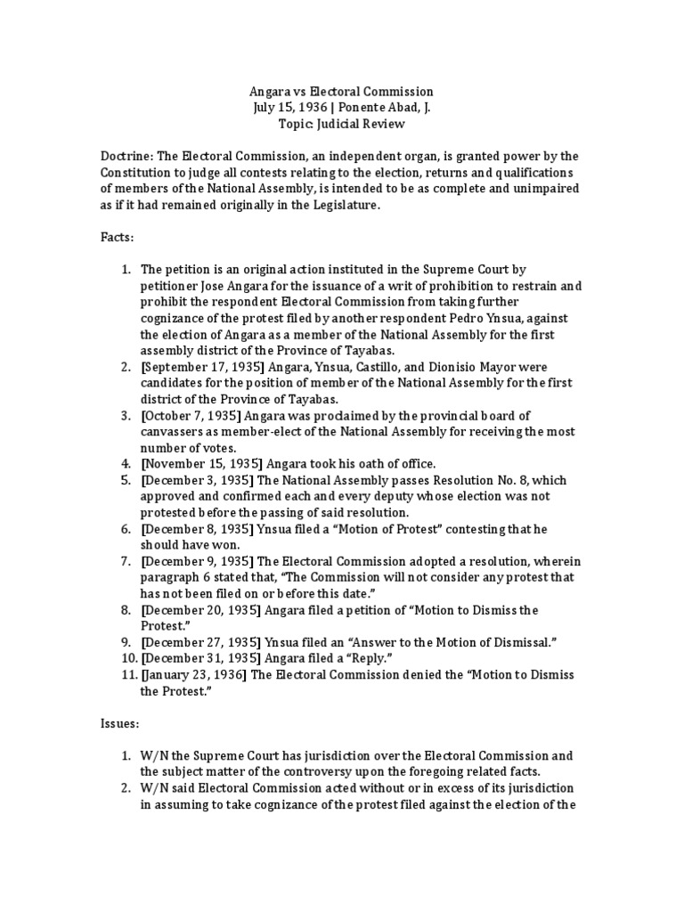 Angara v. Electoral Commission Ruling | PDF | Jurisdiction | Elections