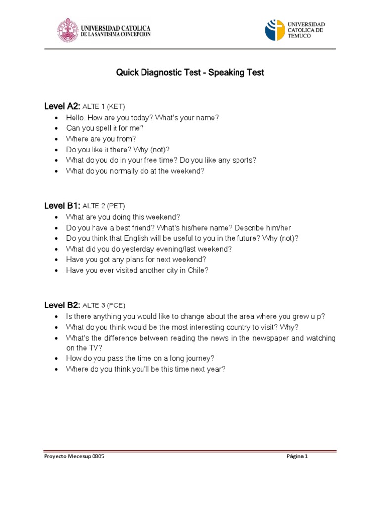 Quick Diagnostic Test - Speaking Test: Alte 1 (Ket) It It | PDF ...