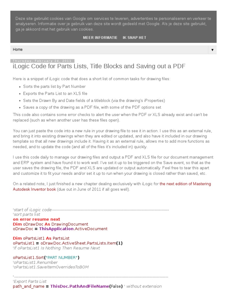 iLogic Code for Parts Lists and PDFs | PDF | Microsoft Excel | Autodesk
