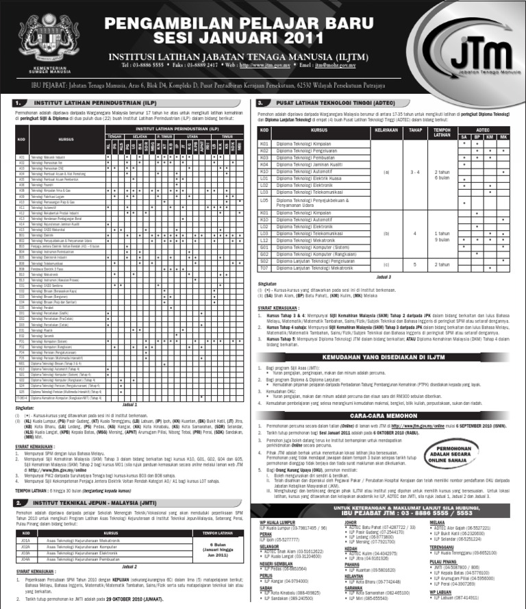 Iklan Pengambilan Sesi 1 2001 Iljtm Ilp Adtec Jmti Jabatan Tenaga Manusia Kementerian Sumber Manusia Malaysia Pdf