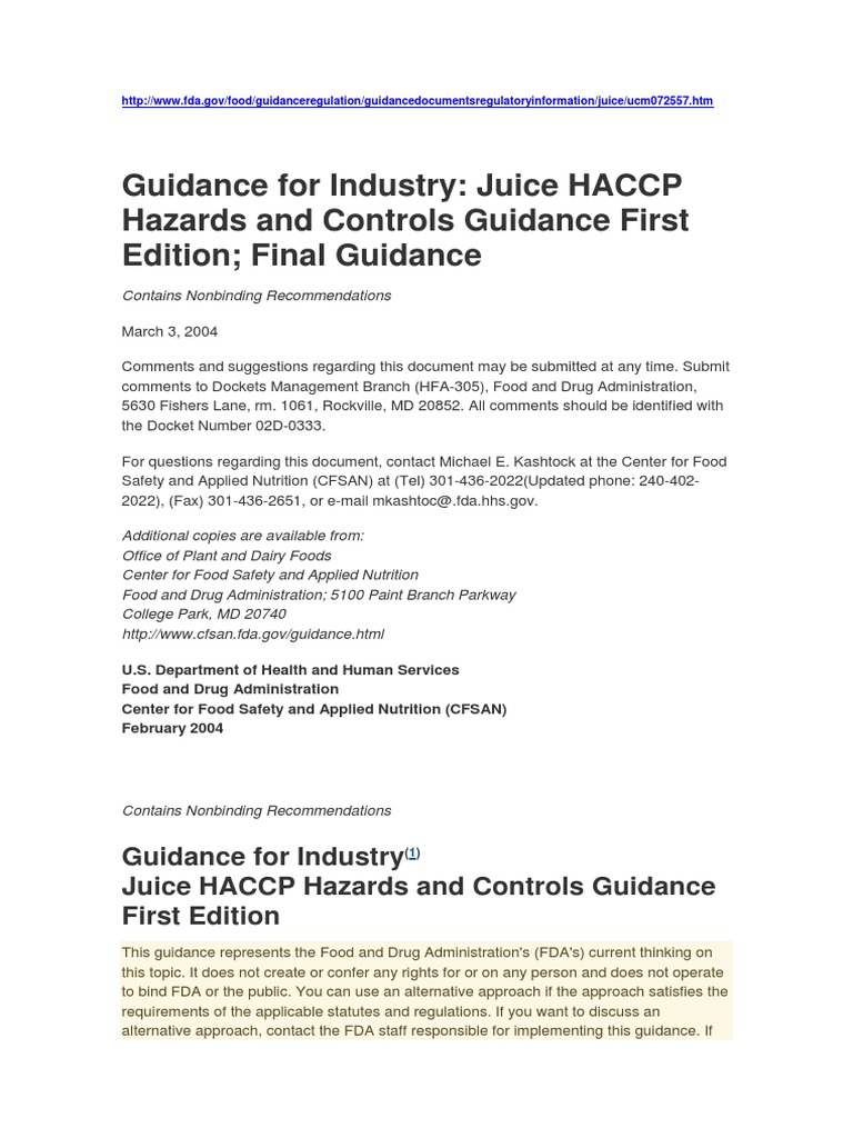 Juice HACCP. FDA.pdf Hazard Analysis And Critical Control Points Juice