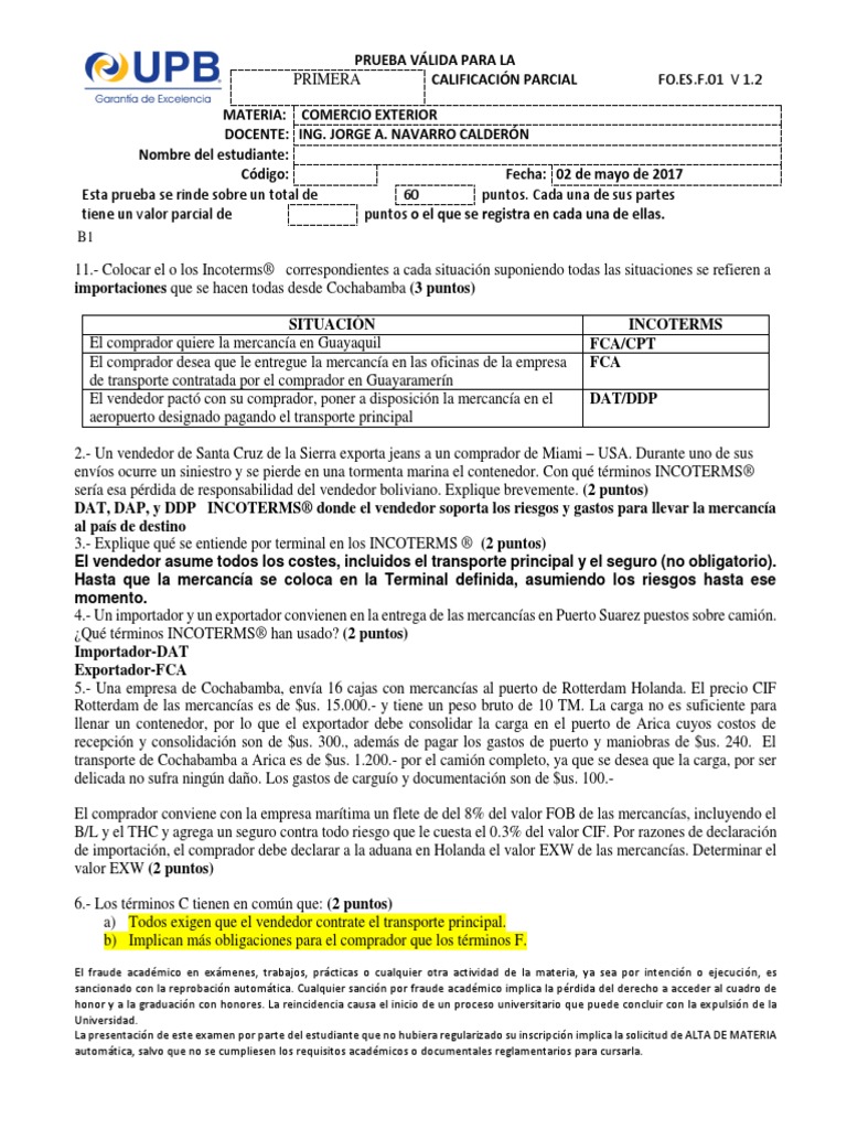 Examen Resuelto El comercio internacional Economía