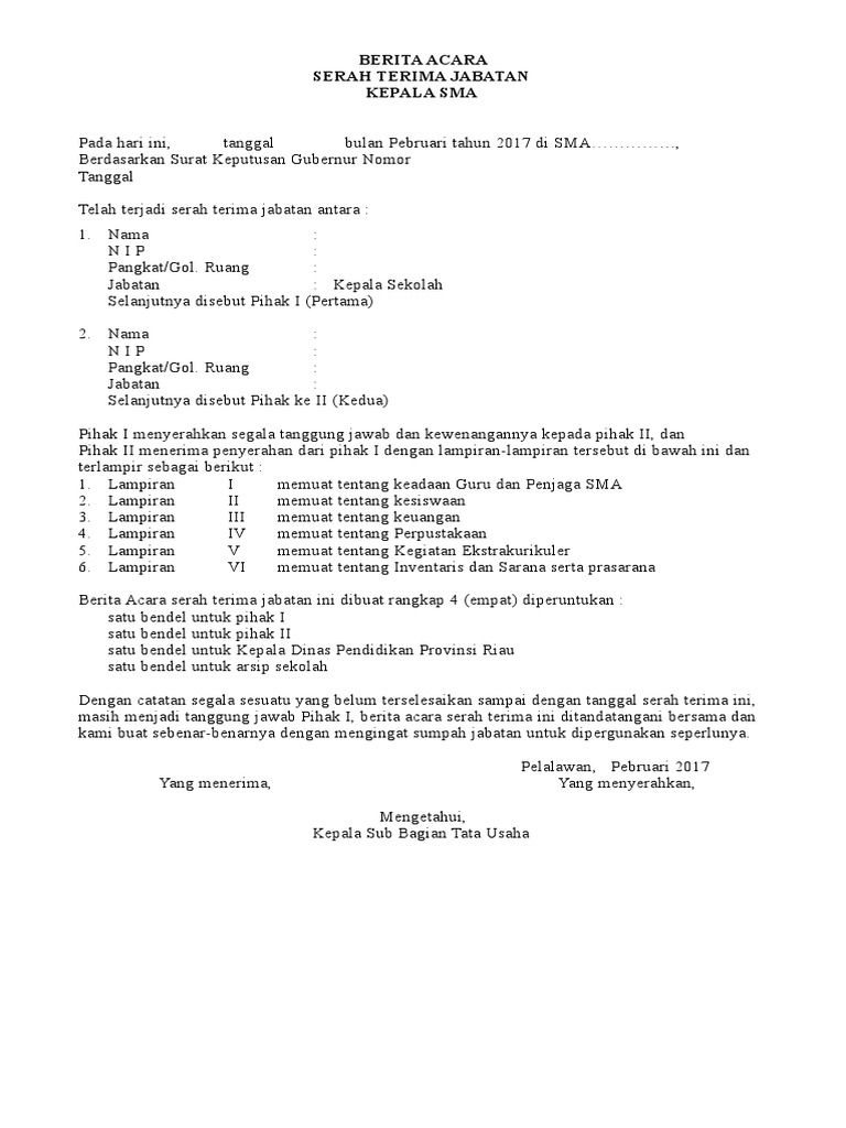 Contoh Berita Acara Serah Terima Jabatan Kepala Dinas